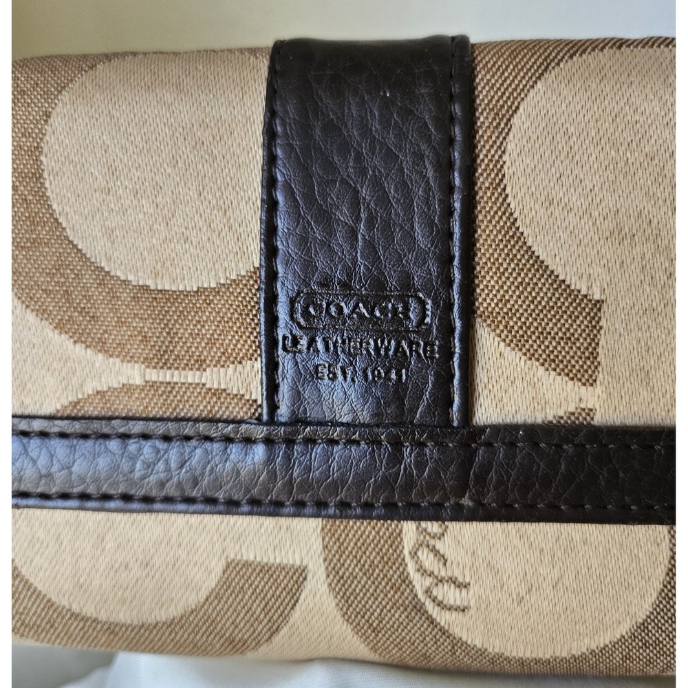 Coach Brown Leather Checkbook Wallet in Signature Canvas - Khaki and Tan - Picture 3 of 16
